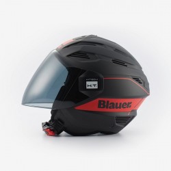 Blauer casco jet Brat nero opaco rosso visiera trasparente