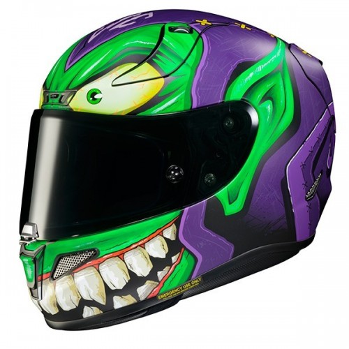 Hjc Rpha 11 green Goblin casco moto integrale Marvel
