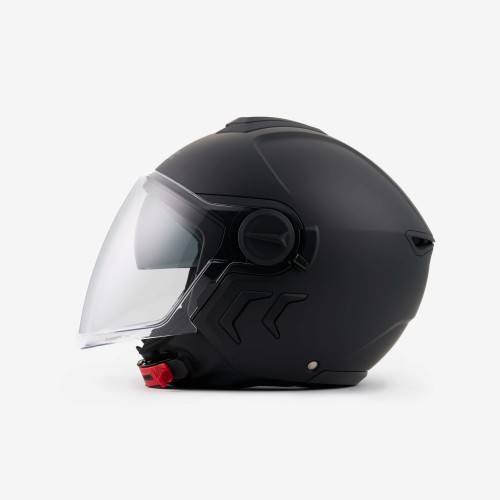 Blauer casco jet DJ-01 nero opaco visiera trasparente occhialini parasole